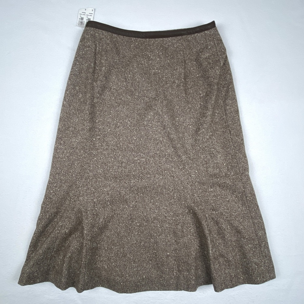 Harold's Brown Tweed Wool Silk Blend Flared Midi Skirt Leather Trim NWT Size 4 - Picture 2 of 8